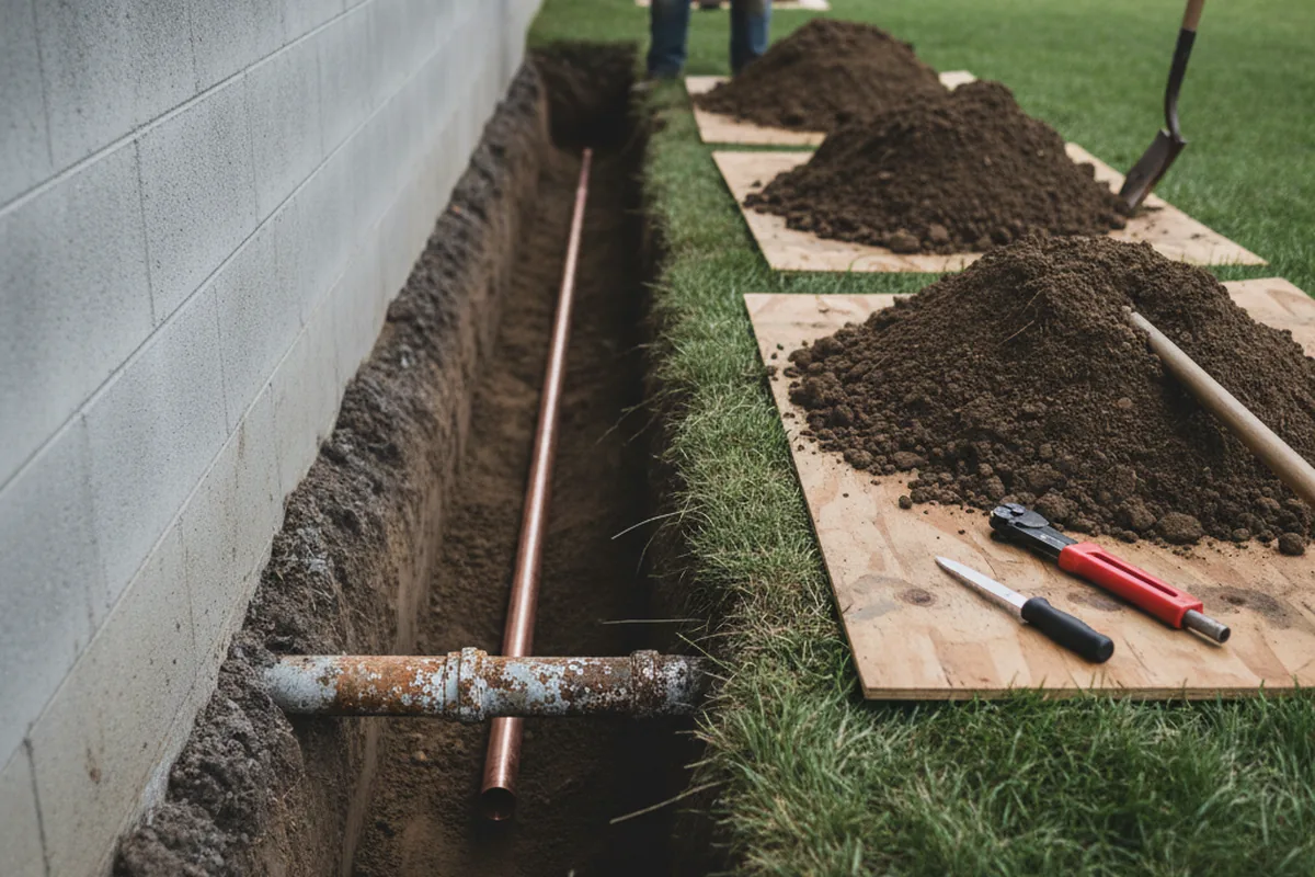 Excavated water line trench during Water Heater Repair in Stewartsville